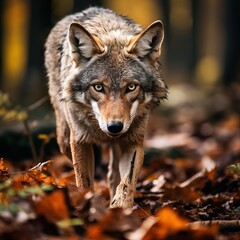 Naklejka na ściany i meble Wildlife photography of a fierce coyote in the forest