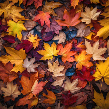 Colourful autumn maple leaves on the ground, vibrant square background