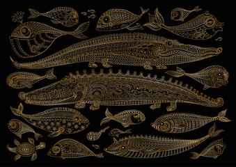 Vector cartoon crocodile, fish, turtle set. Golden hand drawn contour line sketch