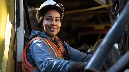 Happy smiling female truck driver.
