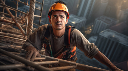 Naklejka na ściany i meble Worker installs equipment on a skyscraper at a high altitude.