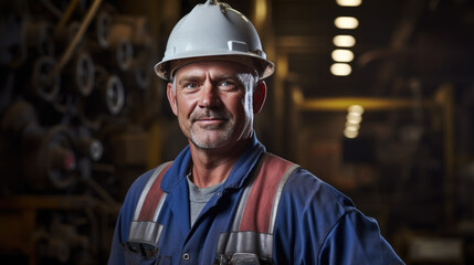 Factory worker wearing a safety helmet in the background of a production line.