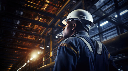 Factory worker wearing a safety helmet in the background of a factory design.