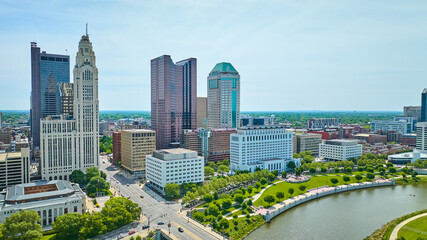 Fototapeta na wymiar Aerial summer downtown Columbus Ohio skyscrapers with Scioto River