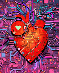 Cybernetic heart with interwoven circuitry, integration of technology and human emotion