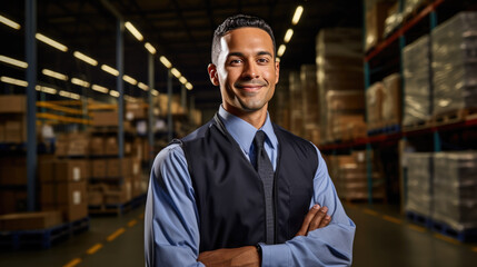 Warehouse worker in suit against the background of racks with parcels.