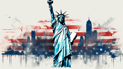 Lady Liberty NYC USA New York City Skyline und Stars and Stripes US Fahne Illustration digital Art. Generative Ai.