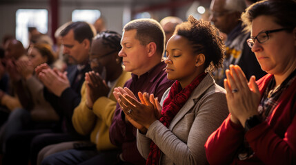 Group of people during prayer in a church.