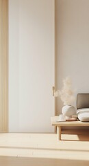 Fototapeta na wymiar Japanese Minimalism: Room with Wooden Furniture in Soft Pastel Tones. Generative ai
