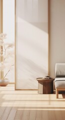 Japanese Minimalism: Room with Wooden Furniture in Soft Pastel Tones. Generative ai