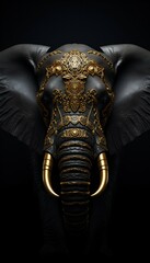 Black and Golden Elephant Isolated on Black Background. Generative ai
