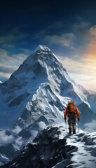 Intrepid Mountaineer Ascent in Snowy Mountain Landscape. Generative ai