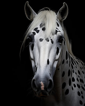 Generated photorealistic image of a white horse with black spots 