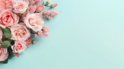 Obraz na płótnie Canvas Decorative web banner. Close up of blooming pink roses flowers and petals isolated on pastel blue background. Floral frame composition. Empty space, flat lay, top view