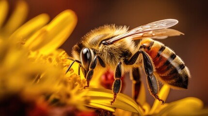 Naklejka premium Bee and flower. Close up of a large striped bee collecting pollen on a yellow flower. Summer and spring background.