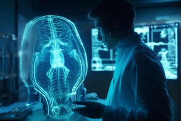 Medicine in Future. mobile tablet touchscreen, Nanotechnology and hologram innovation, genetic engineering. Doctor using digital medical futuristic interface. healthcare and wellness.