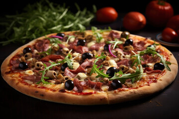 Generated photorealistic image of pizza with meat, olives and arugula