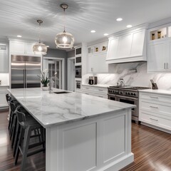 A Photo of Contemporary Kitchen with Sleek White Cabinets and Marble Countertops. created with Generative AI technology

