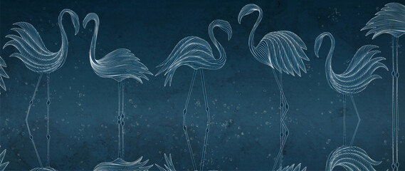 Dark blue art background with white colored flamingo birds hand drawn in line art style. Animal hand drawn wallpaper for decoration, print, banner, interior design, packaging, poster.