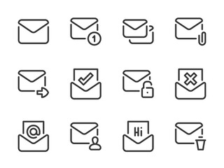 Mail, SMS and Email vector line icons. Message, Letter and Envelope outline icon set. Forward, Send, Notification, Newsletter, Attachments and more.