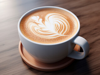 Cup of coffee with latte art on wooden table background.AI Generated