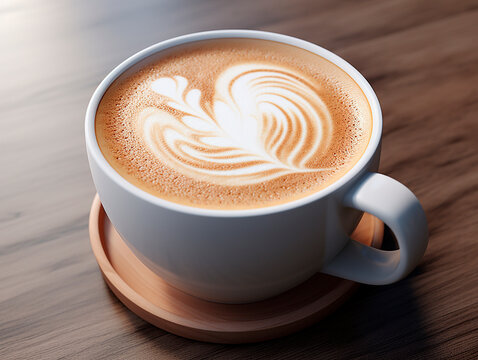 Cup of coffee with latte art on wooden table background.AI Generated