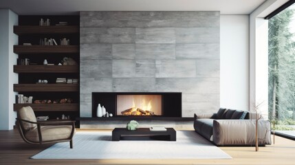 A Photo of Contemporary Fireplace with Minimalist Surrounding. created with Generative AI technology