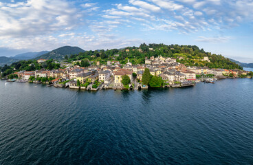 Naklejka na ściany i meble Aerial view of a beautiful village of Orta and its lake