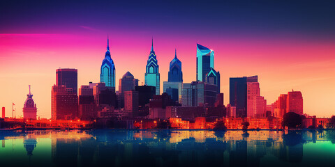 Fototapeta na wymiar ai generated illustration Futuristic City Skyline with Pink and purple lights