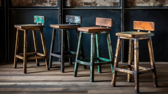 A Photo of Industrial Style Bar Stools with Distressed Finish. created with Generative AI technology
