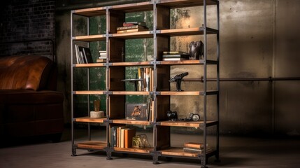 A Photo of Industrial Style Shelving Unit with Open Display. created with Generative AI technology