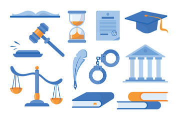 Set court and justice law icons. Services of a lawyer, attorney or notary. Law and protection of business interests in court. Books scales hummer of the judge. Flat vector isolated on white background