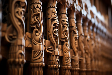Fototapeta na wymiar Close up of organ pipes with Christian symbols carved into wood