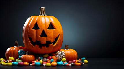 Happy Halloween background with pumpkins and colorful candy. Copy space for text.