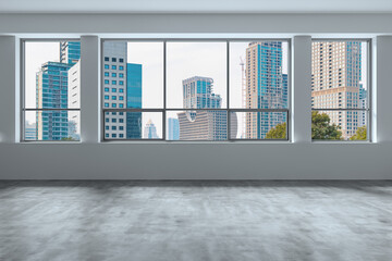 Empty room Interior Skyscrapers View Bangkok. Downtown City Skyline Buildings from High Rise Window. Beautiful Expensive Real Estate overlooking. Day time. 3d rendering.