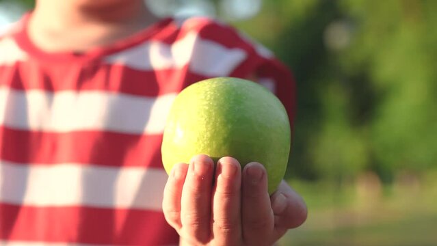 Green Apple In Hand Child In Close-up. Baby Holds Juicy Apple In Palm Of Hand. Ripe Apple In Rays Of Sun On Hand. Ripe Fruit In Baby Hand. Useful Vitamins From Orchard. Concept Healthy Eating Outdoor