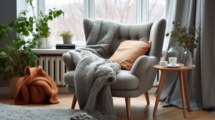 A Photo of Scandinavian Style Armchair with Cozy Blanket, created with Generative AI technology