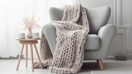 A Photo of Scandinavian Style Armchair with Cozy Blanket, created with Generative AI technology