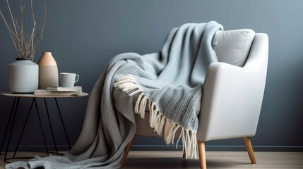 A Photo of Scandinavian Style Armchair with Cozy Blanket, created with Generative AI technology