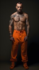 Fototapeta na wymiar handsome brutal man with tattoos in orange jumpsuit