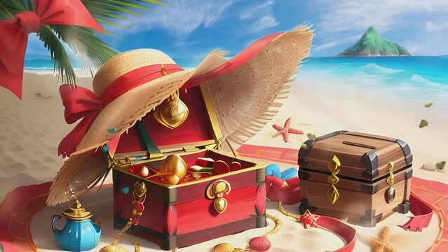 Tropical beach during summer with straw hat and red pirate treasure chest. Cartoon or anime illustration style. seamless looping 4K time-lapse virtual video animation background.