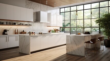 A Photo of Contemporary Kitchen with Sleek White Cabinets and Marble Countertops. created with Generative AI technology