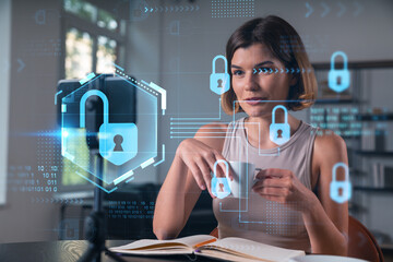 Happy woman is making video blog using smartphone on a tripod explaining with hands at office workplace. Concept of online stream, business education, conference call. Lock icons hologram