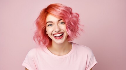 young laughing woman with pastel pink hair, tongue sticking out, blue eyes, peace gestures funny facial expressions