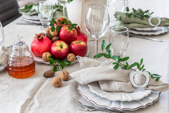 Holiday table decor. Rosh hashanah jewish New Year holiday concept.