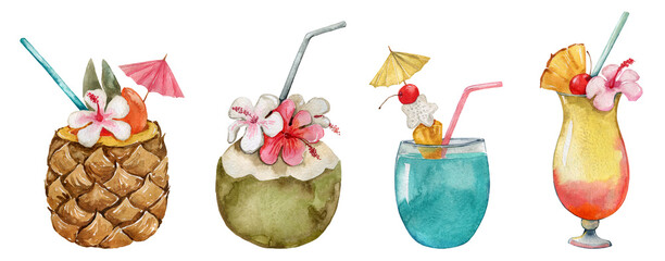 Tropical cocktail with exotic fruit in glass, blue hawaiian, pinot colada, margarita, blue lagoon. Watercolor summer frozen drink, beverage, wine slushy. Healthy dessert, fresh fruit, menu