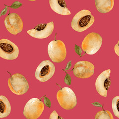 Summer sweet ripe fruit seamless pattern. Homegrown apricot, apricot half, peach, plum watercolor repeatable illustration. Fresh raw food, dessert, menu, fabric, textile, paper, wallpaper diet kitchen