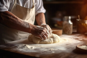 closeup of old man baking bread, ai generated