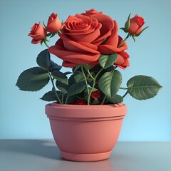 Rose flower in a pot in 3D cartoon style. Illustration generated ai