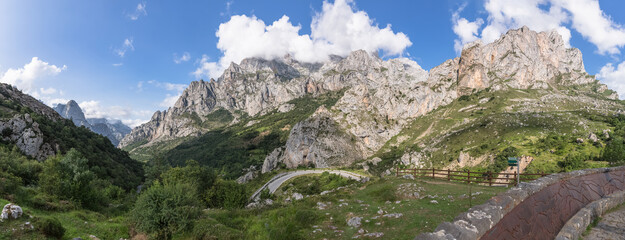 Panoramic view at the Picos de Europa, or Peaks of Europe, a mountain range extending for about 20 km, forming part of the Cantabrian Mountains in northern Spain